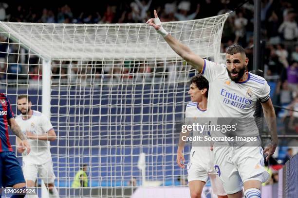 Karim Benzema of Real Madrid celebrates 2-0 during the La Liga Santander match between Real Madrid v Levante at the Santiago Bernabeu on May 12, 2022...