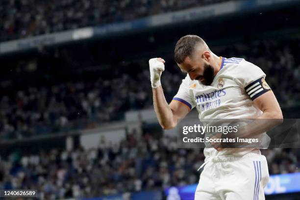 Karim Benzema of Real Madrid celebrates 2-0 during the La Liga Santander match between Real Madrid v Levante at the Santiago Bernabeu on May 12, 2022...