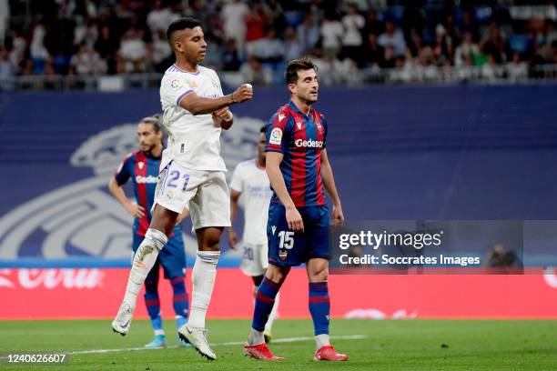 Rodrygo Silva de Goes of Real Madrid celebrates 3-0 during the La Liga Santander match between Real Madrid v Levante at the Santiago Bernabeu on May...