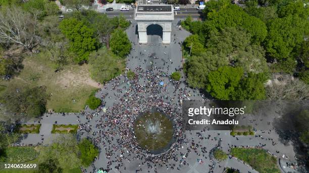 An aerial view of the protest staged by hundreds of pro-abortion rights demonstrators marching to the Washington Square, after a leaked draft opinion...