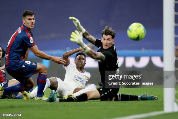 Goal Vinicius Junior of Real Madrid during the La Liga Santander match between Real Madrid v Levante at the Santiago Bernabeu on May 12, 2022 in...