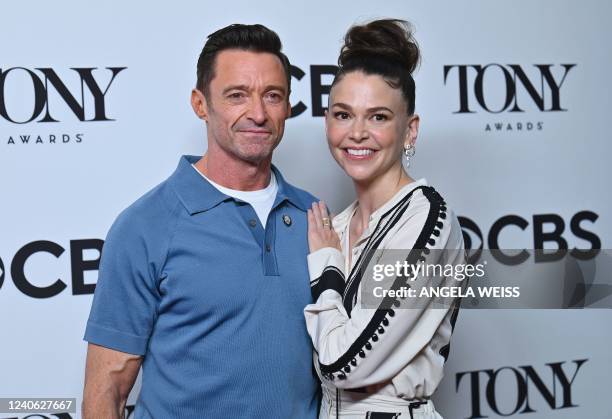 Nominees Hugh Jackman and Sutton Foster attend the 2022 Tony Awards Meet The Nominees press event in New York, on May 12, 2022.