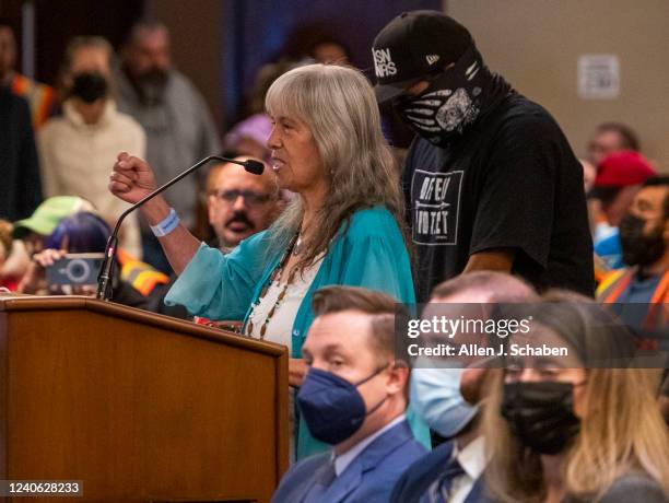 Costa Mesa, CA Alelia Sandoval, spiritual advisor for the Acjachemen Nation, speaks at the California Coastal Commission hearing to consider whether...