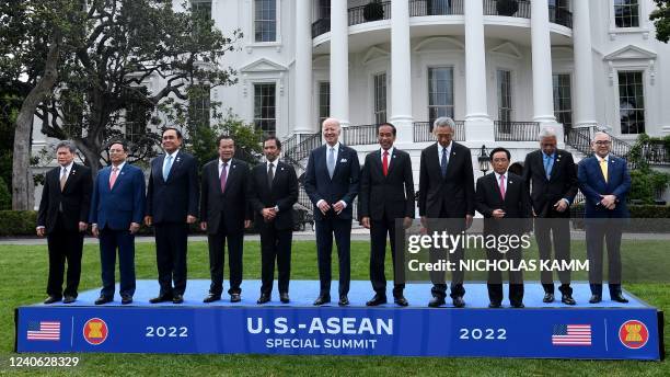 President Joe Biden and leaders from the Association of Southeast Asian Nations pose for a group photo on the South Lawn of the White House in...