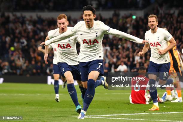 Son Heung-Min of Tottenham Hotspur celebrates scoring his sides third goal during the Premier League match between Tottenham Hotspur and Arsenal at...