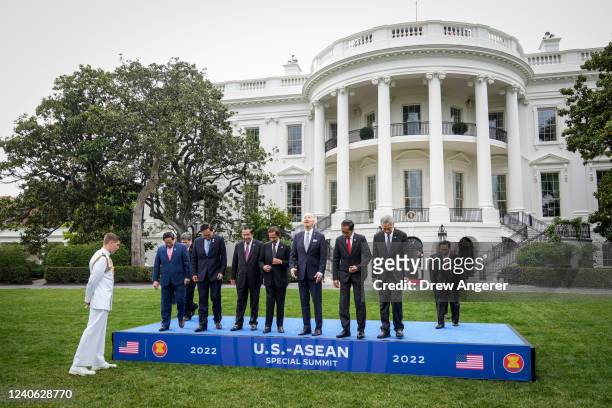President Joe Biden takes part in the family photo for the U.S.-ASEAN Special Summit on the South Lawn of the White House on May 12, 2022 in...