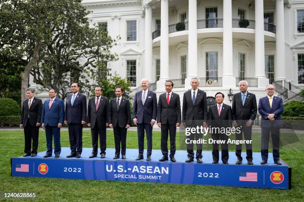 President Joe Biden takes part in the family photo for the U.S.-ASEAN Special Summit on the South Lawn of the White House on May 12, 2022 in...