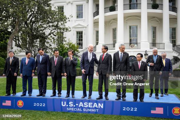 President Joe Biden takes part in the family photo for the U.S.-ASEAN Special Summit on the South Lawn of the White House on May 12, 2022 in...