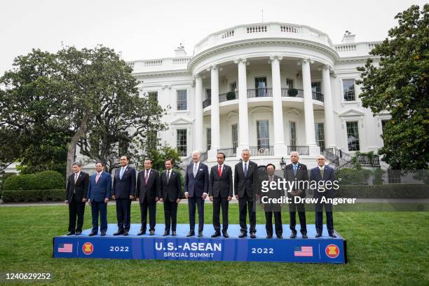 President Joe Biden takes part in the family photo for the U.S.-ASEAN Special Summit on the South Lawn of the White House on May 12, 2022 in...