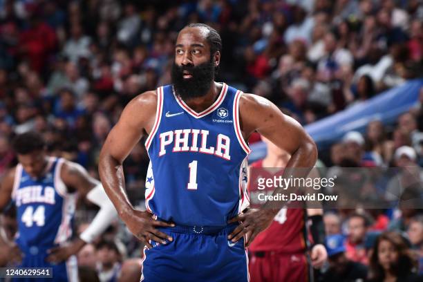 James Harden of the Philadelphia 76ers looks on during Game 6 of the 2022 NBA Playoffs Eastern Conference Semifinals on May 12, 2022 at the Wells...