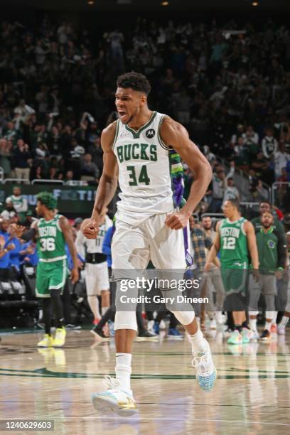 Giannis Antetokounmpo of the Milwaukee Bucks celebrates during Game 3 of the 2022 NBA Playoffs Eastern Conference Semifinals on May 7, 2022 at the...