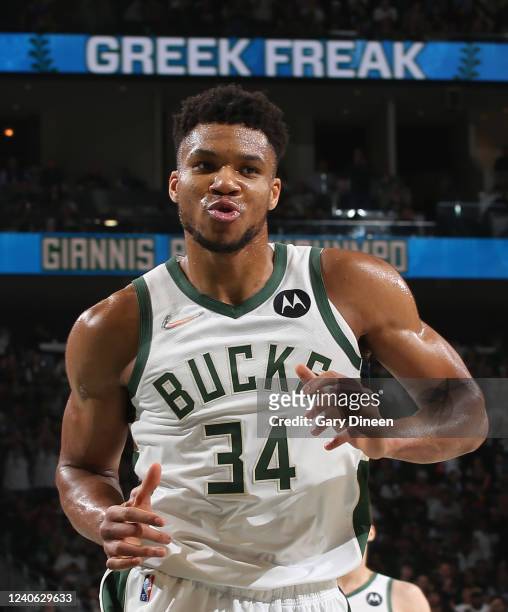 Giannis Antetokounmpo of the Milwaukee Bucks celebrates during Game 4 of the Eastern Conference Semifinals on May 9, 2022 at the Fiserv Forum Center...
