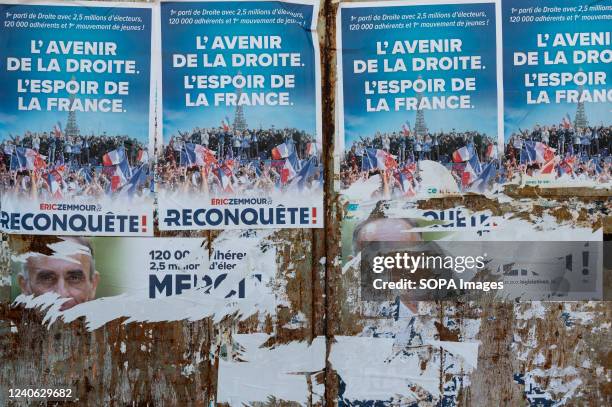 Posters of Eric Zemmour and his party ReconquÃªte! are seen stuck on a street of Cogolin Eric Zemmour announced in Cogolin that he is a candidate for...