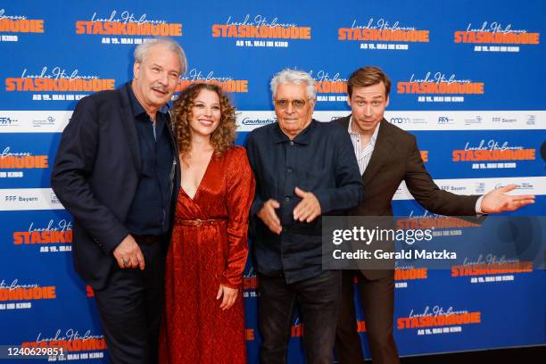 Leander Haußmann, Antonia Bill, Henry Hübchen and David Kross attend the world premiere of Leander Haußmann's "Stasikomoedie" at Delphi Filmpalast on...