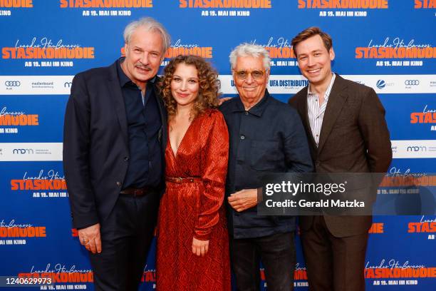 Leander Haußmann, Antonia Bill, Henry Hübchen and David Kross attend the world premiere of Leander Haußmann's "Stasikomoedie" at Delphi Filmpalast on...