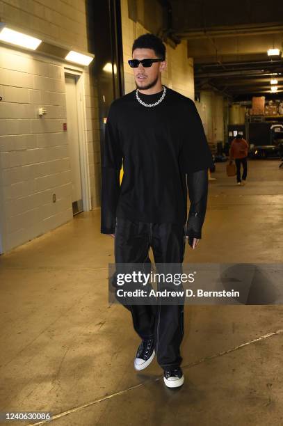 Devin Booker of the Phoenix Suns arrives to the arena before Game 6 of the 2022 NBA Playoffs Western Conference Semifinals against the Dallas...