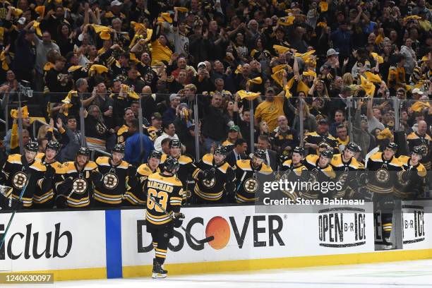 Brad Marchand of the Boston Bruins celebrates his second period goal against the Carolina Hurricanes in Game Six of the First Round of the 2022...