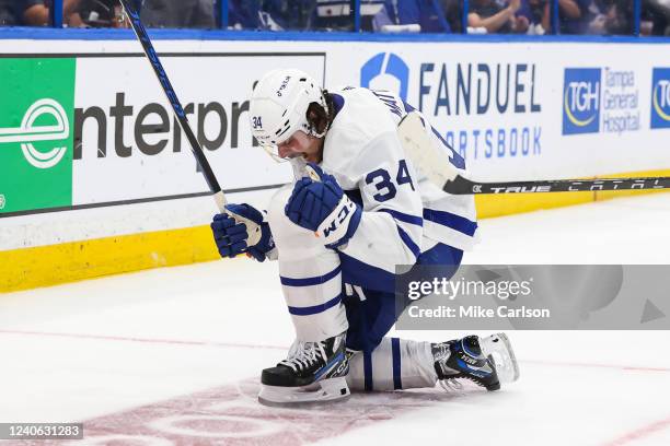 Auston Matthews of the Toronto Maple Leafs celebrates a goal against the Tampa Bay Lightning during the second period in Game Six of the First Round...