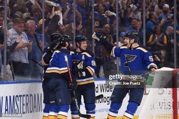 Nick Leddy of the St. Louis Blues is congratulated after scoring a goal against the Minnesota Wild in Game Six of the First Round of the 2022 Stanley...