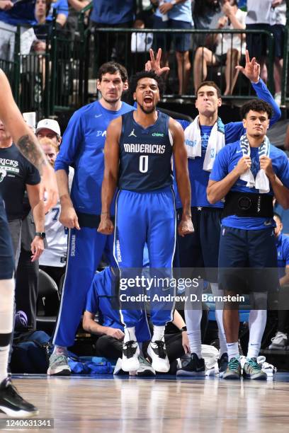 Sterling Brown of the Dallas Mavericks celebrates during Game 6 of the 2022 NBA Playoffs Western Conference Semifinals against the Phoenix Suns on...