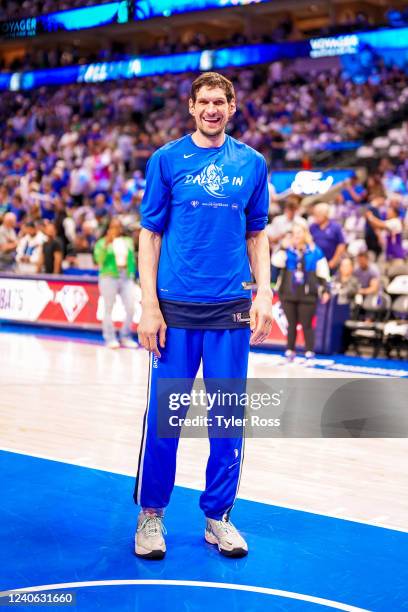 Boban Marjanovic of the Dallas Mavericks smiles before Game 6 of the 2022 NBA Playoffs Western Conference Semifinals against the Phoenix Suns on May...