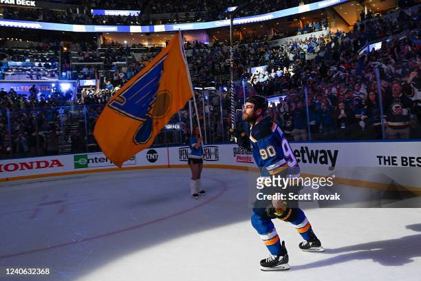 Ryan O'Reilly of the St. Louis Blues acknowledges the fans after defeating the Minnesota Wild in Game Six of the First Round of the 2022 Stanley Cup...