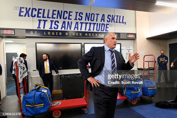 St. Louis Blues head coach Craig Berube addresses the players after the Blues defeated the Minnesota Wild in Game Six of the First Round of the 2022...