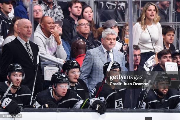 Head coach Todd McLellan of the Los Angeles Kings looks on during Game Six of the First Round of the 2022 Stanley Cup Playoffs against the Edmonton...