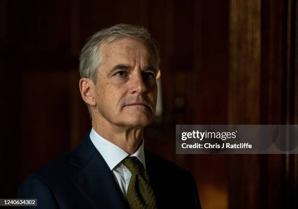 Norwegian Prime Minister Jonas Gahr Støre waits for the arrival of Labour Party leader Keir Starmer at the Norwegian Embassy on May 13, 2022 in...