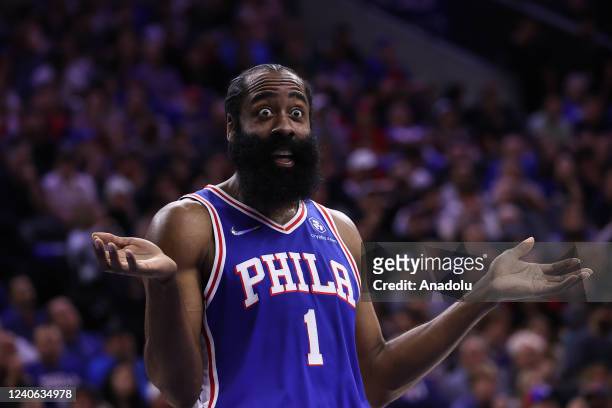 James Harden of Philadelphia 76ers reacts during NBA semifinals between Philadelphia 76ers and Miami Heat at the Wells Fargo Center in Philadelphia,...