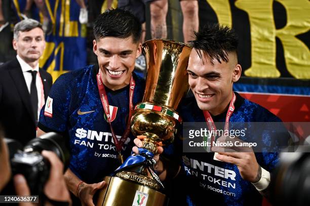 Lautaro Martinez and Joaquin Correa of FC Internazionale celebrate with the trophy during the award ceremony at the end of the Coppa Italia final...