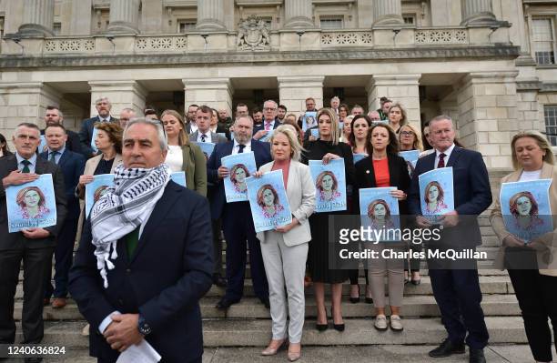 Sinn Fein northern leader and First Minister elect Michelle O'Neill attends a vigil for the murdered Palastinian journalist Shireen Abu Aqla...