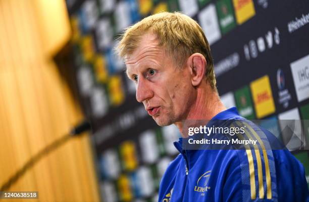 Dublin , Ireland - 13 May 2022; Head coach Leo Cullen speaks to media during a Leinster Rugby press conference at the Aviva Stadium in Dublin.