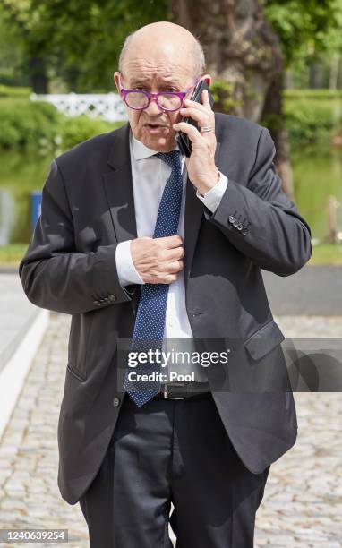 French Foreign Minister Jean-Yves Le Drian arrives for a meeting of foreign ministers of the G7 member states at the Schlossgut Weissenhaus venue on...