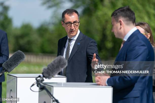 Germany's Minister of Food and Agriculture Cem Ozdemir and Ukraine's Minister of Agrarian Policy and Food Mykola Solskyi address the media during the...