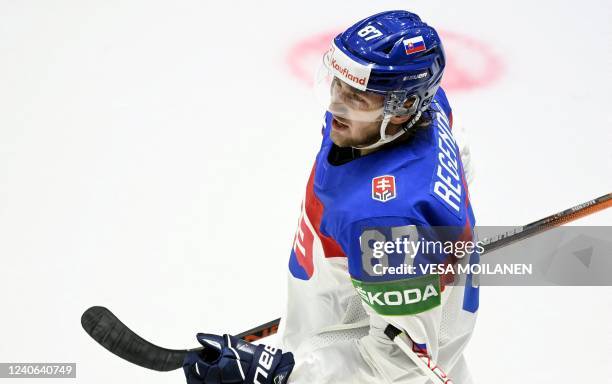 Slovakia's forward Pavol Regenda celebrates the 0-1 during the IIHF Ice Hockey World Championships group A match between France and Slovakia at the...