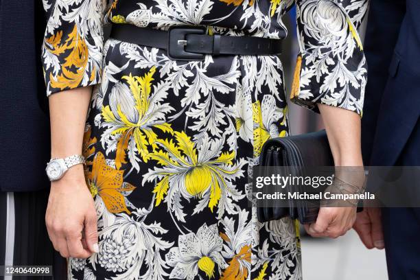 Handbag worn by Crown Princess Victoria of Sweden while attending the inauguration of the new Angstrom laboratory at Uppsala University on May 13,...