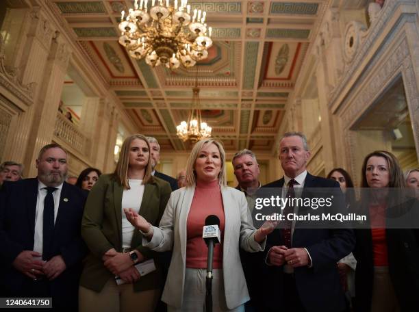 Sinn Fein northern leader and First Minister elect Michelle ONeill gives her reaction to the media following the DUPs decision to not support the...