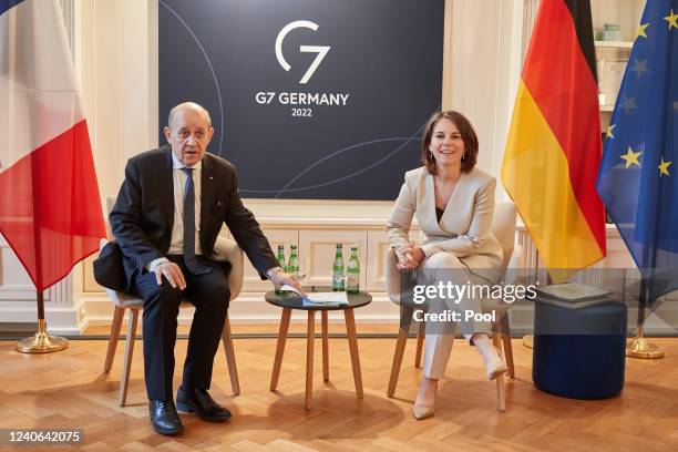 German Foreign Minister Annalena Baerbock welcomes French Foreign Minister Jean-Yves Le Drian for bilateral talks during the G7 Foreign Ministers...