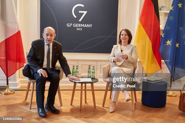 German Foreign Minister Annalena Baerbock welcomes French Foreign Minister Jean-Yves Le Drian for bilateral talks during the G7 Foreign Ministers...