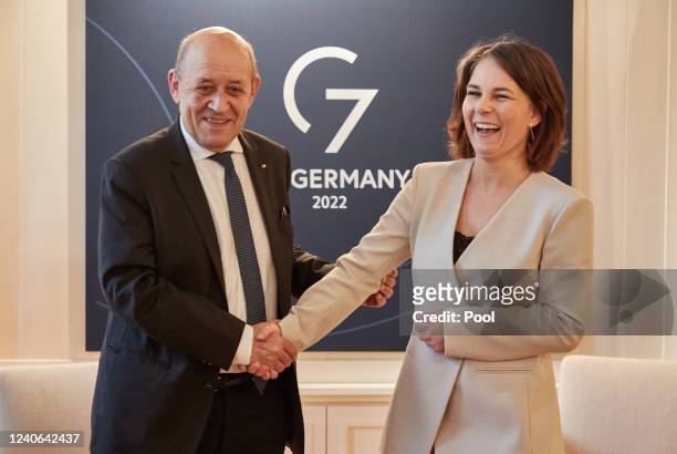 German Foreign Minister Annalena Baerbock welcomes French Foreign Minister Jean-Yves Le Drian for bilateral talks during the G7 Foreign Ministers...