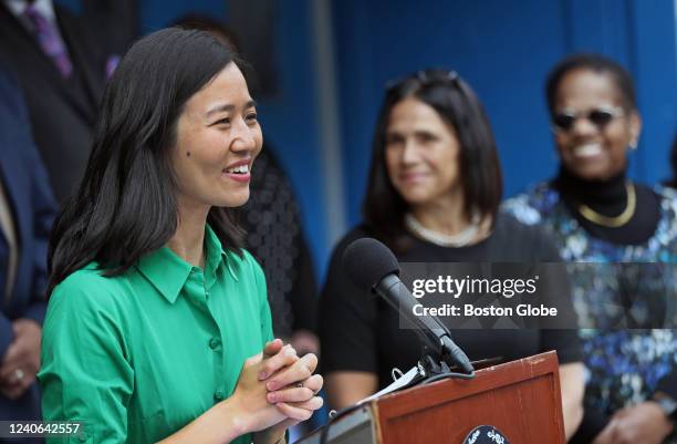 Mayor Michelle Wu speaks at a press conference that was held at the McKinley Elementary School on 90 Warren Street, South End in Boston on May 12,...