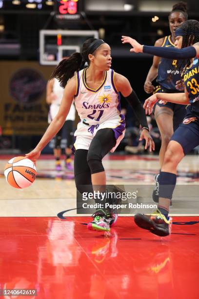 Jordin Canada of the Los Angeles Sparks handles the ball during the game against the Indiana Fever at Gainbridge Fieldhouse on May 8, 2022 in...