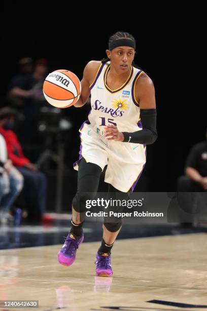 Brittney Sykes of the Los Angeles Sparks handles the ball during the game against the Indiana Fever at Gainbridge Fieldhouse on May 8, 2022 in...