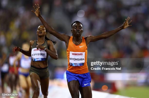 Francine Niyonsaba of Burundi reacts as she crosses the finish line and wins the Womens 3000m during the Wanda Diamond League Athletics Doha 2022...