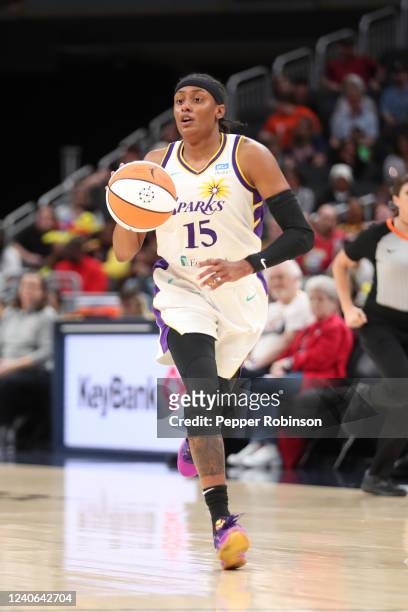 Brittney Sykes of the Los Angeles Sparks drives to the basket during the game against the Indiana Fever at Gainbridge Fieldhouse on May 8, 2022 in...