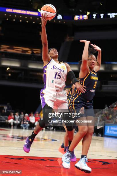 Brittney Sykes of the Los Angeles Sparks drives to the basket during the game against the Indiana Fever at Gainbridge Fieldhouse on May 8, 2022 in...