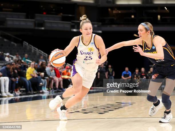 Amy Atwell of the Los Angeles Sparks handles the ball during the game against the Indiana Fever at Gainbridge Fieldhouse on May 8, 2022 in...