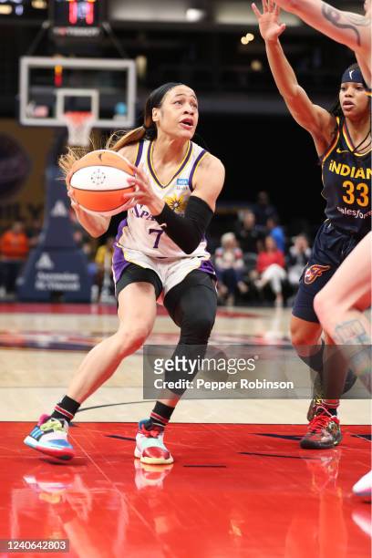 Chennedy Carter of the Los Angeles Sparks drives to the basket during the game against the Indiana Fever at Gainbridge Fieldhouse on May 8, 2022 in...