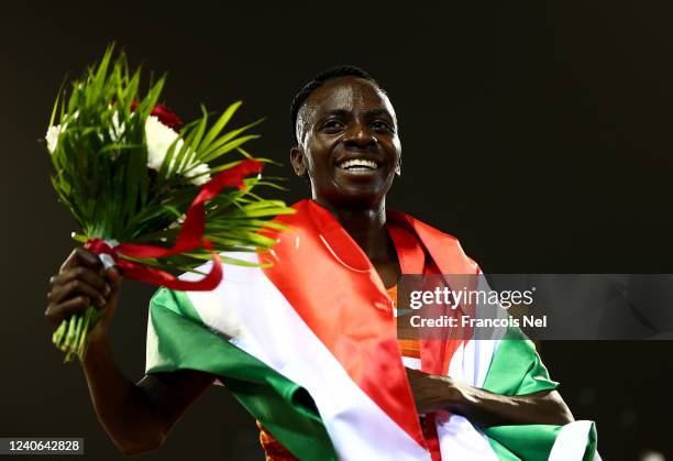 Francine Niyonsaba of Burundi reacts after winning the Womens 3000m during the Wanda Diamond League Athletics Doha 2022 meeting at Qatar Sports Club...